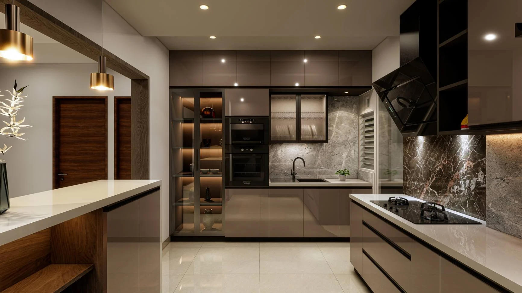 Modern island kitchen with stone counters and brass accents in Trivandrum